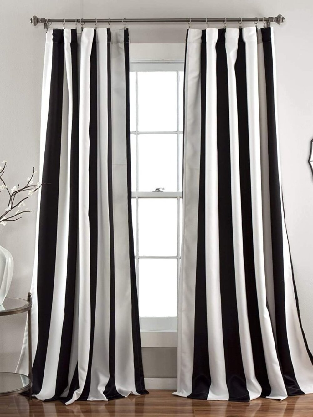 Black Wilbur Stripe Light Filtering Window Curtain Panel Pair, 108" x 52", 52" W